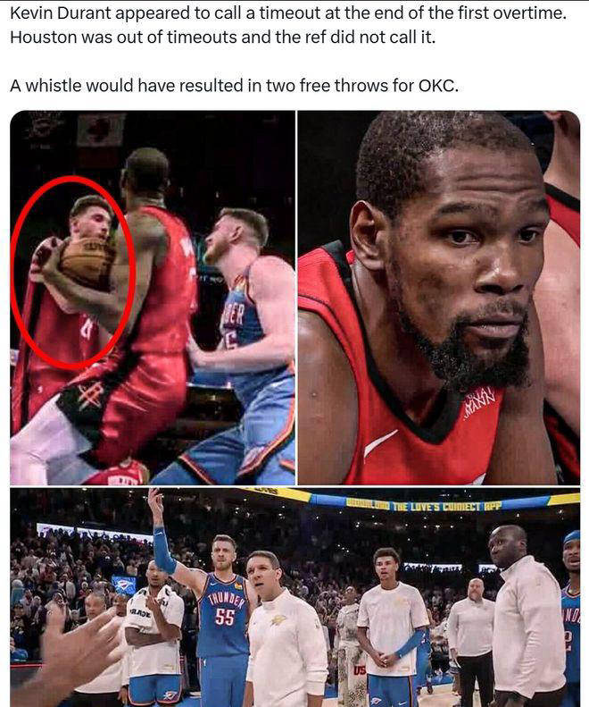 NBA裁判事件揭秘：KD叫暂停无果，火箭遭裁判帮助四次仍负雷霆